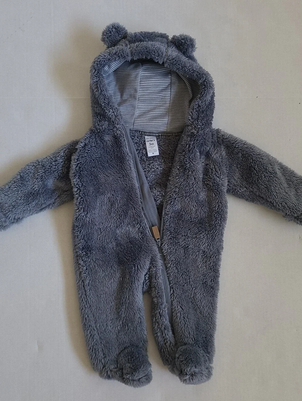 Carter's Teddy Bear Bunting Snowsuit Size 3 Mo Baby Hooded Sherpa Jumpsuit Gray.